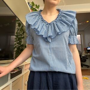 Vintage blue and white gingham ruffle-neck blouse